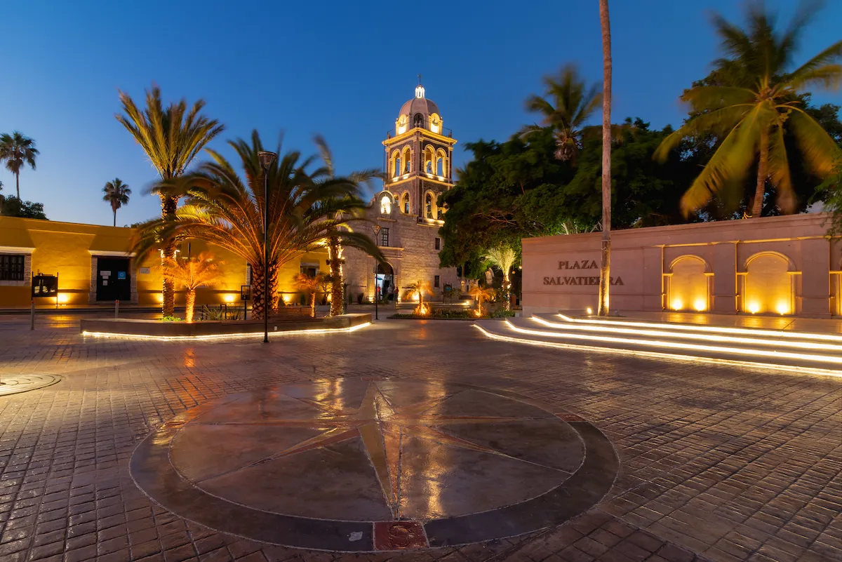 Plaza Salvatierra and the Loreto mission bell tower at dusk