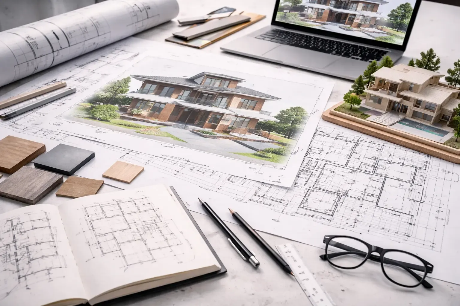 Architectural design: plans, models and renderings on a drafting table