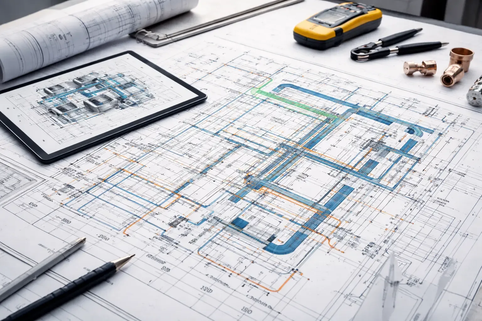 Construction blueprints with structural and MEP layers