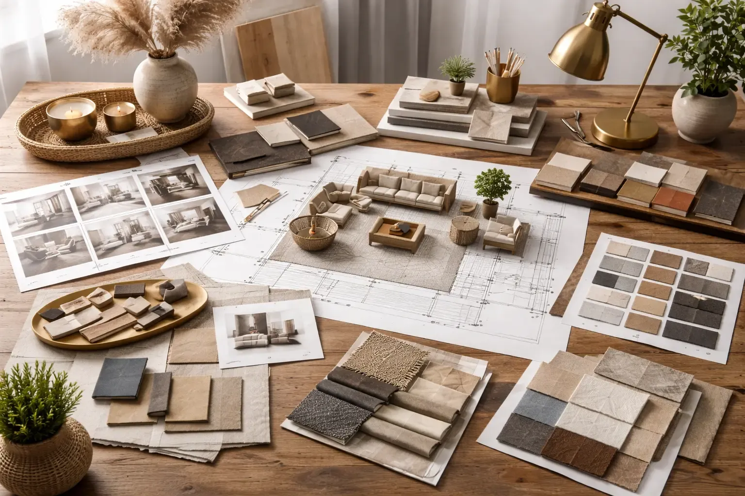 Interior design material samples and furniture layout